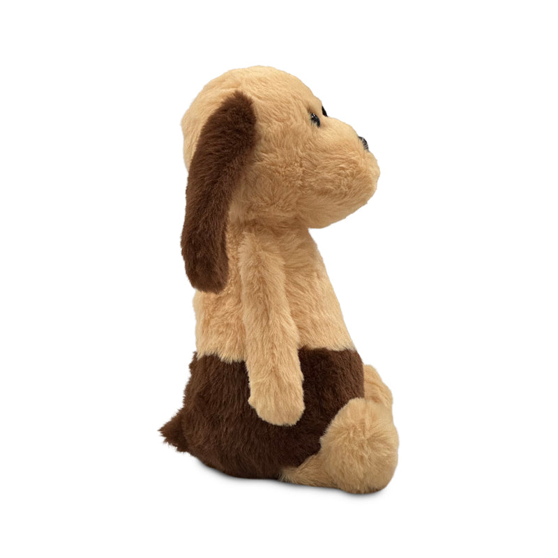 Dog plushie, side view showing soft brown fur and friendly face