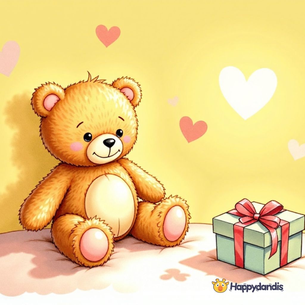 image of the bear stuffed animal with a gift box beside it