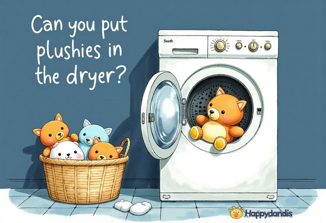 Blog post feature image: A wicker basket full of cute cartoon plush toys sits beside an open clothes dryer containing one teddy bear. Text overlay asks: "Can you put plushies in the dryer?