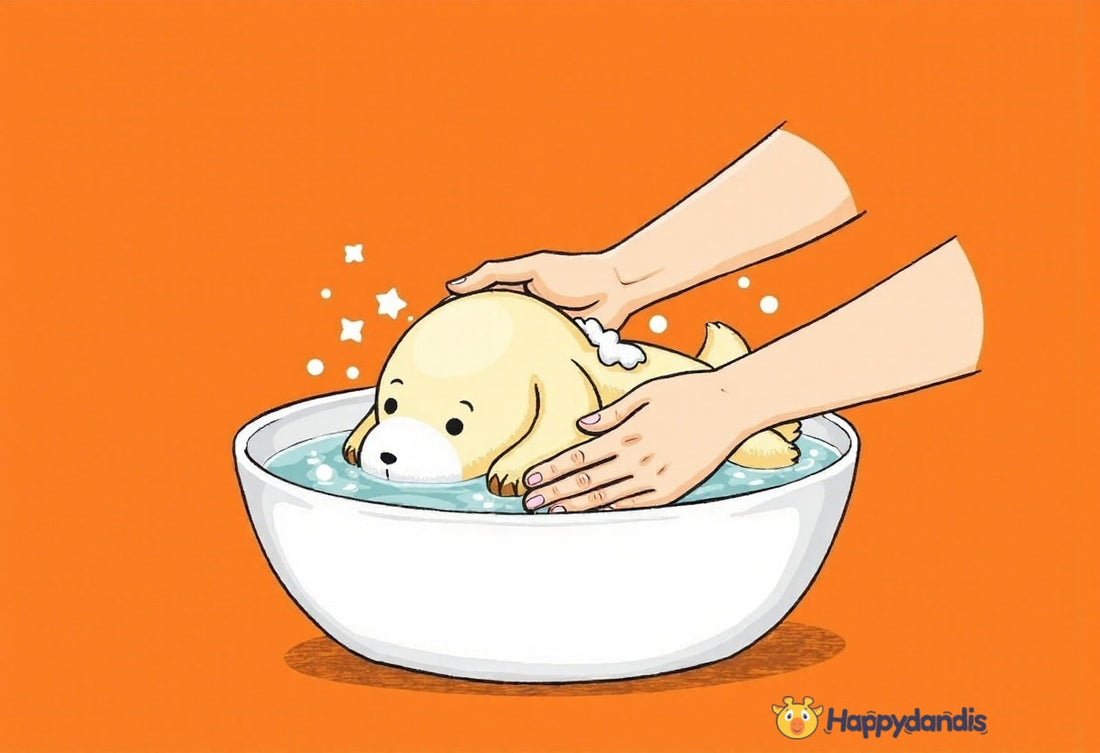 Illustration of hands gently washing a light-colored plushie in a white bowl filled with soapy water.