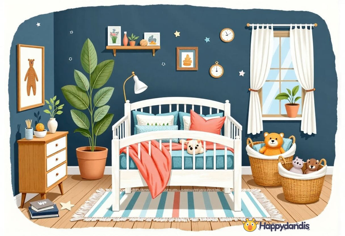 Illustration of a cozy, well-organized child's bedroom featuring creative plushie storage: two woven baskets on the floor hold teddy bears, and another small plush rests on the neatly made bed.