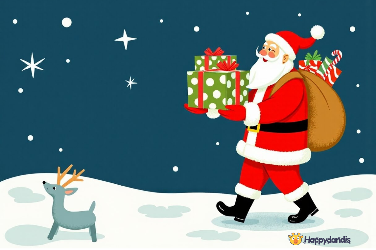 Santa Claus presenting a festive gift with a cute reindeer in a snowy landscape, perfect for finding the best Christmas gifts for 8-year-olds