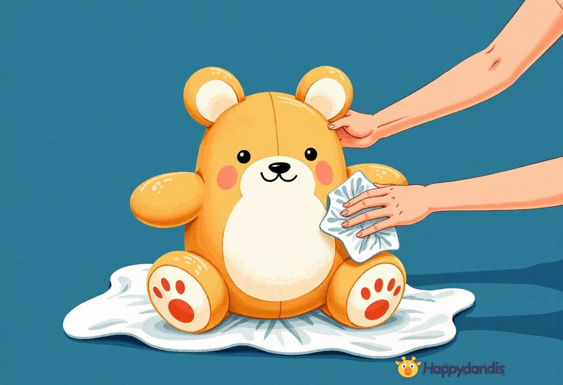 Illustration of a pair of hands wiping a large, orange teddy bear with a cloth.