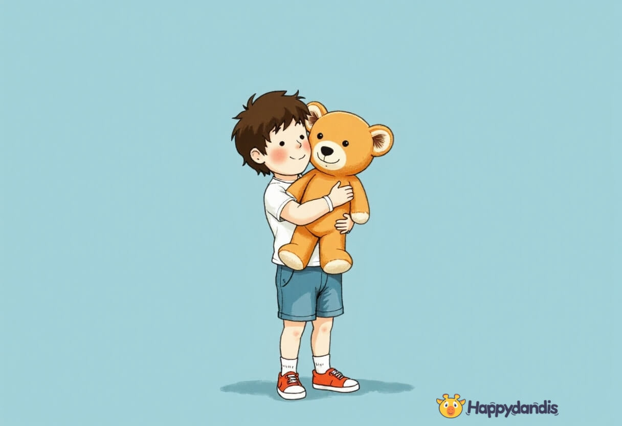 8 year old boy smiling and hugging his favorite teddy bear. Clean design on a blue background.