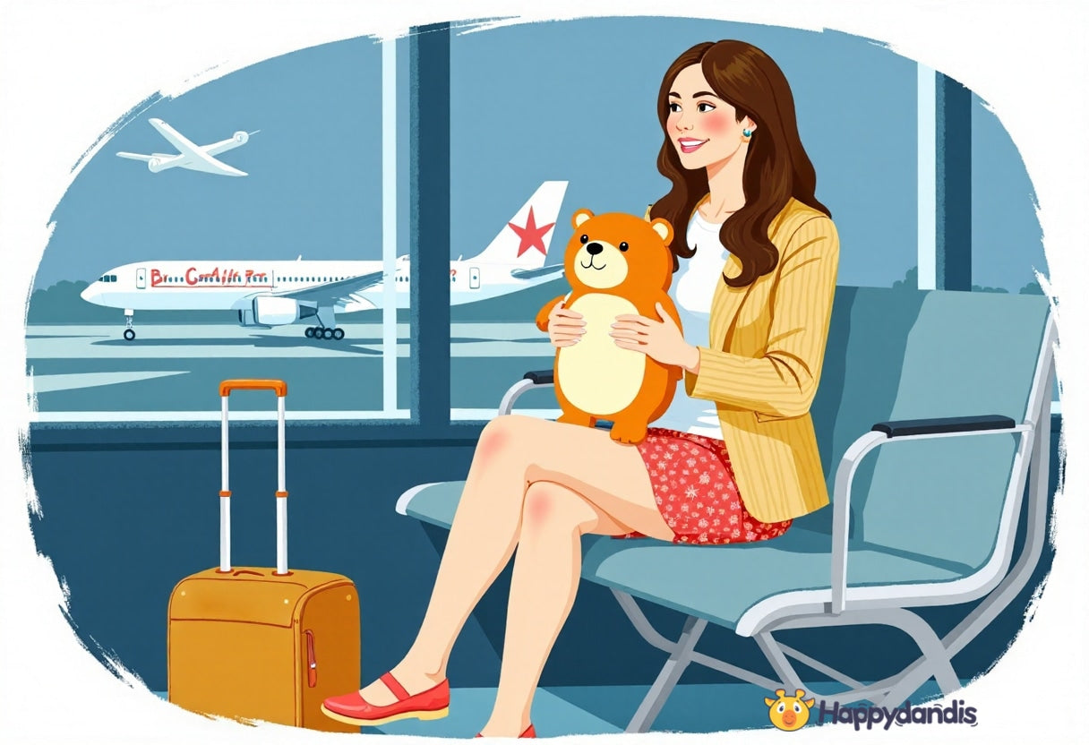 Feature image depicting a smiling woman sitting comfortably in an airport terminal waiting area, holding her teddy bear, with her luggage beside her and airplanes visible on the tarmac outside the window.