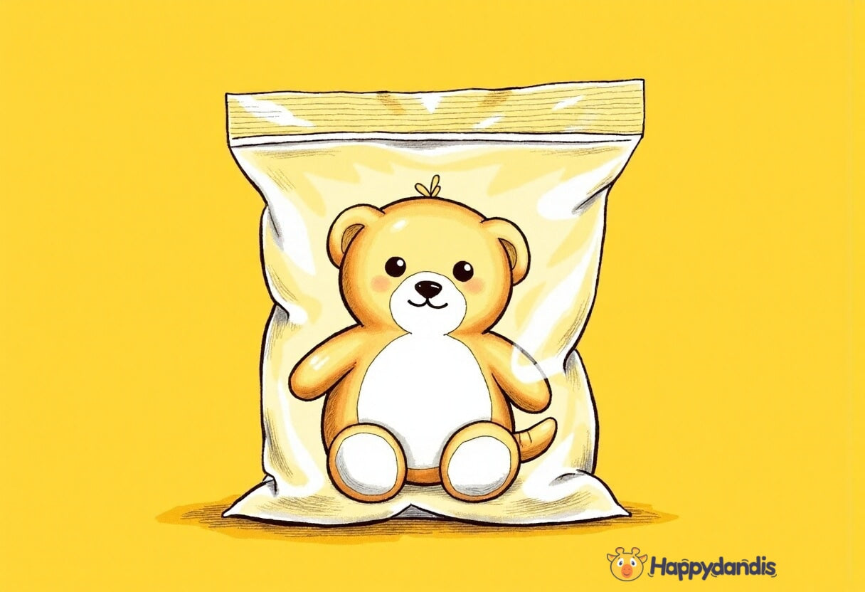 Small teddy bear vacuum-sealed inside a transparent plastic bag against a bright yellow background, illustrating space-saving storage for plush toys
