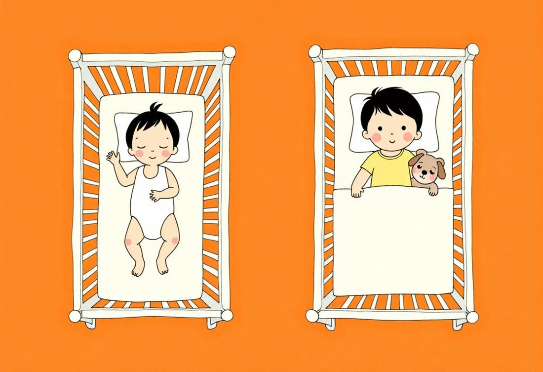 Illustration comparing two cribs: one with a baby sleeping alone, and another with an older baby sleeping with a small teddy bear.