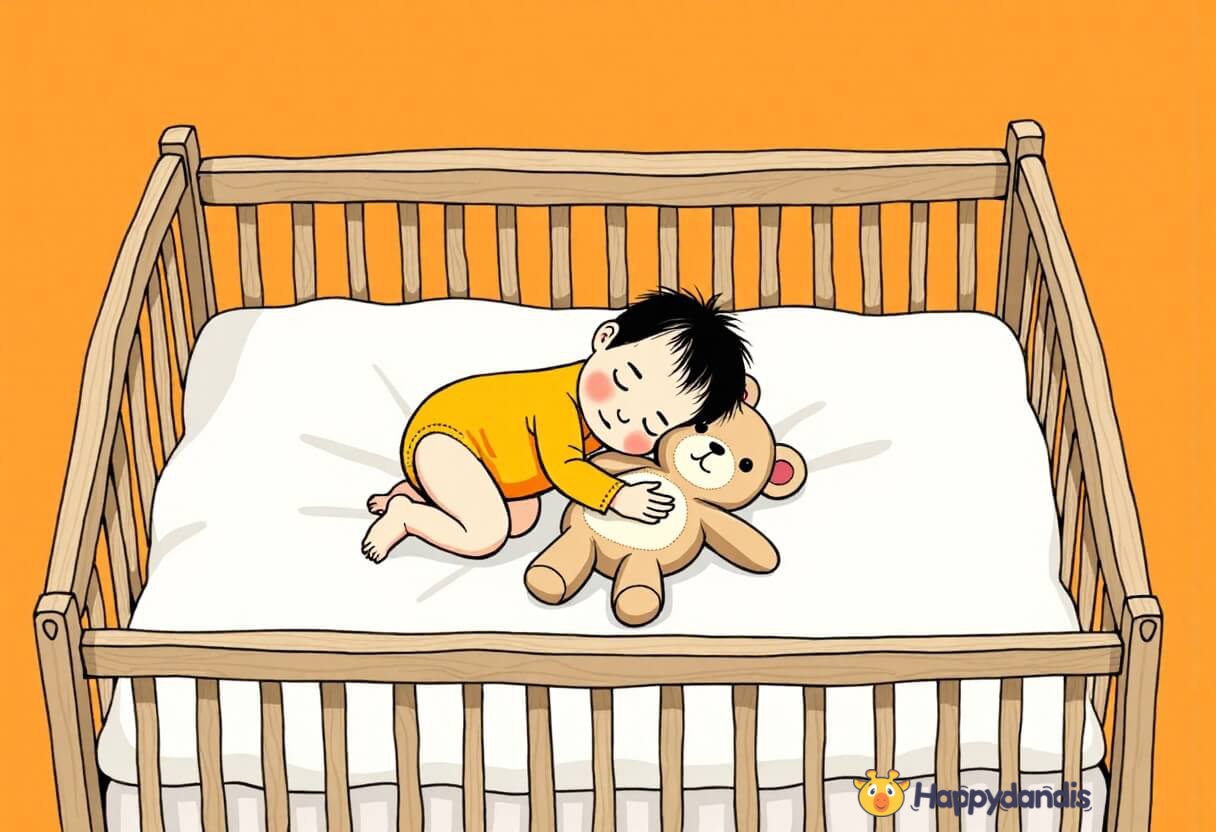 Infant peacefully sleeping in a wooden crib while cuddling a teddy bear, illustrating the comfort of plush toys during naps and the safety considerations of co-sleeping with stuffed animals