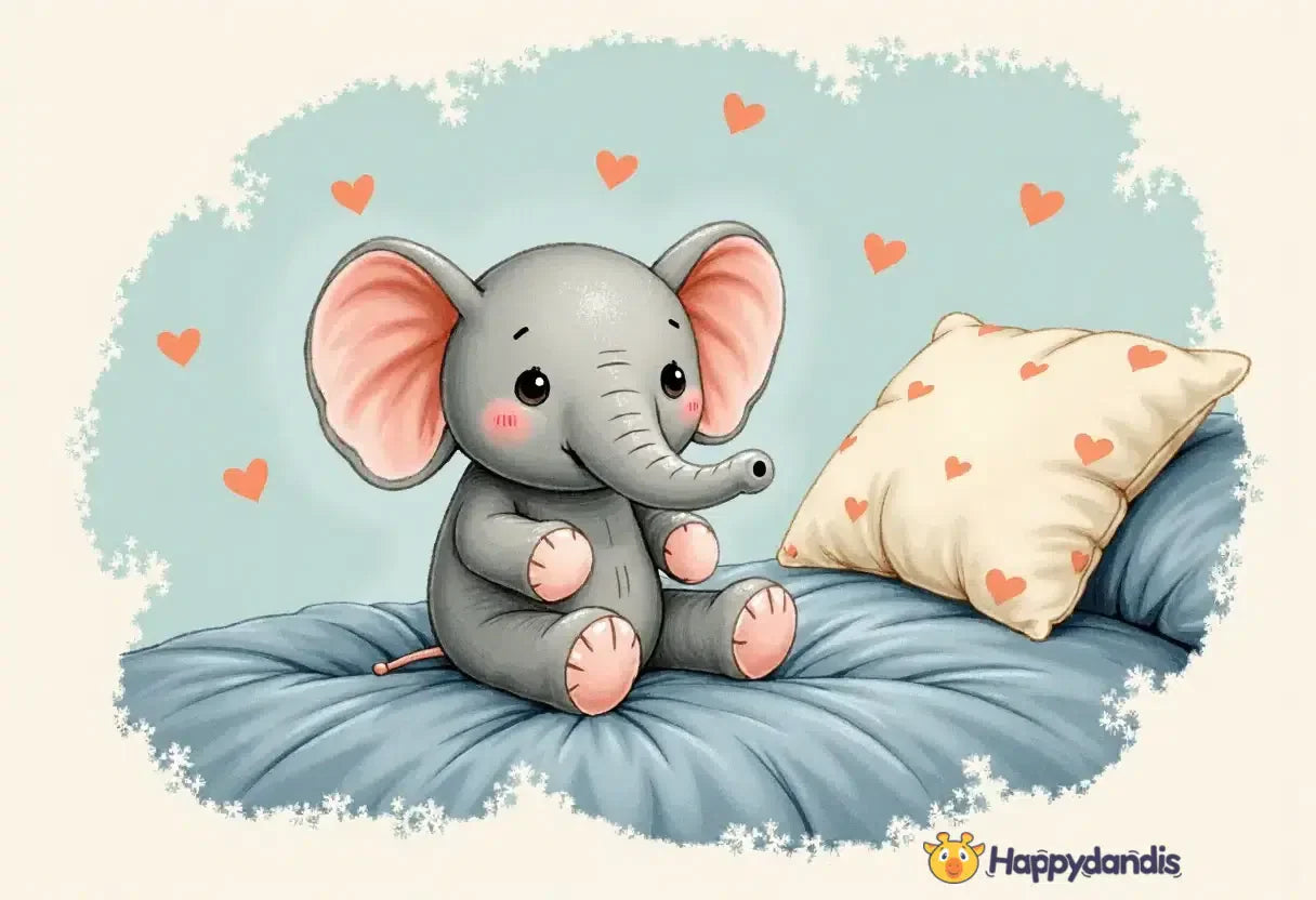 Stuffed animal in the shape of an elephant son a bed