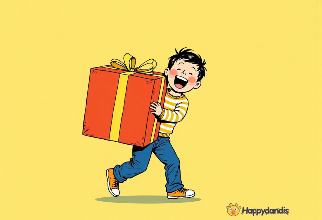 Smiling boy carrying a large red gift box with a yellow ribbon, representing exciting gift ideas for 5-year-old boys