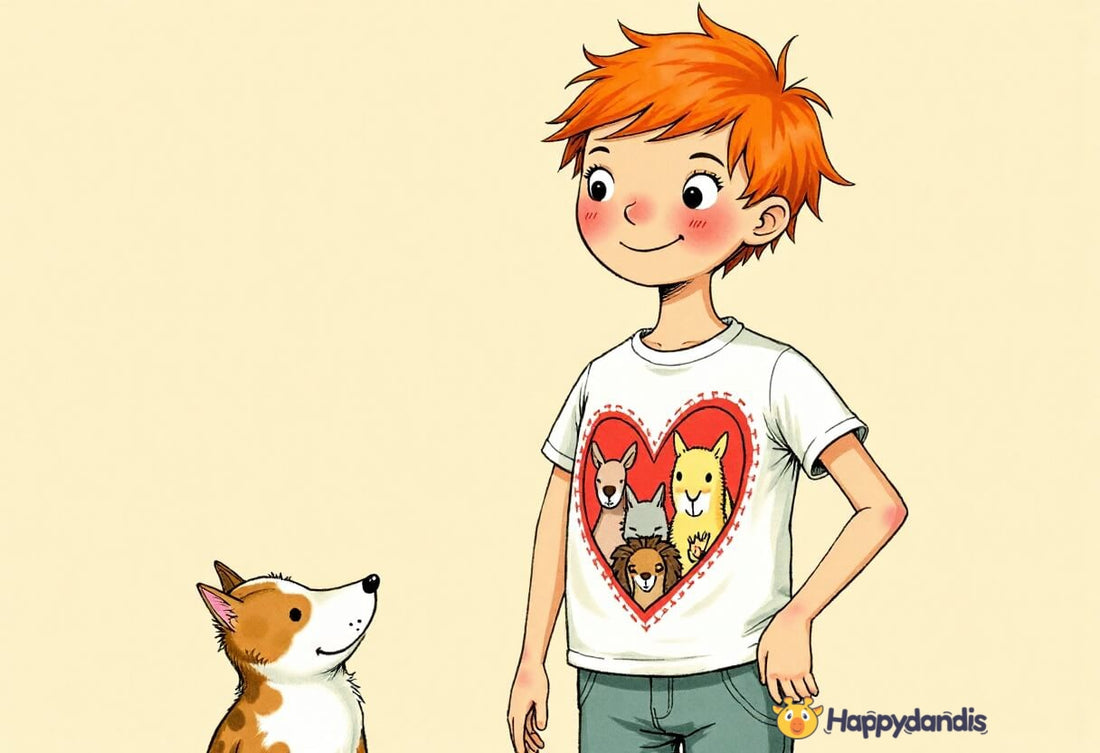 Featured image of a kid that loves animals, wearing a graphic t-shirt design with animals inside a heart. The kid is standing next to a dog with a smile on his face