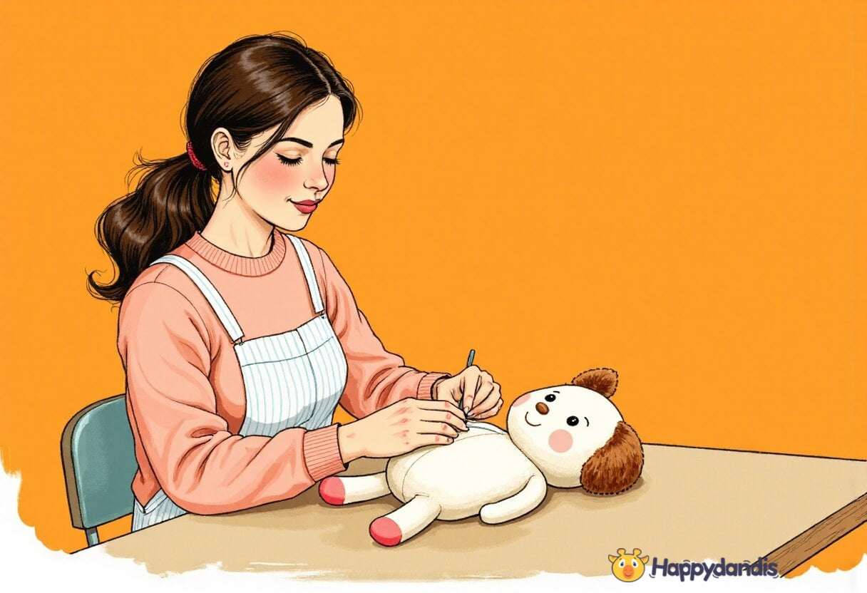 Young woman wearing a pink sweater and apron carefully stitching a floppy-eared plush dog at a table against an orange background.