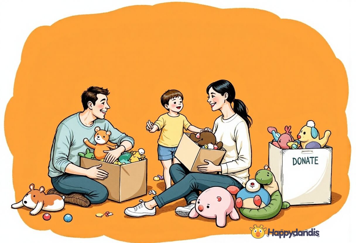 Happy family of three—mother, father, and child—sorting plush toys into donation boxes, emphasizing the joy of giving and family involvement in charitable acts