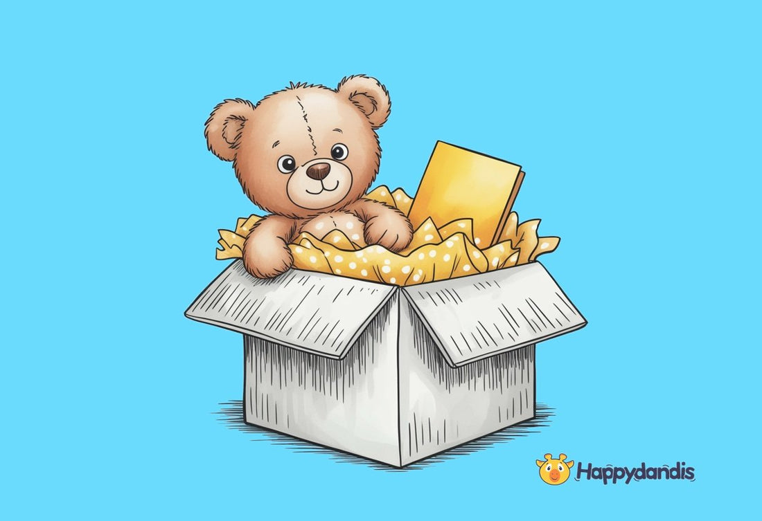 Illustration of a plush bear sitting in an open shipping box with a folded card beside it, on an orange background