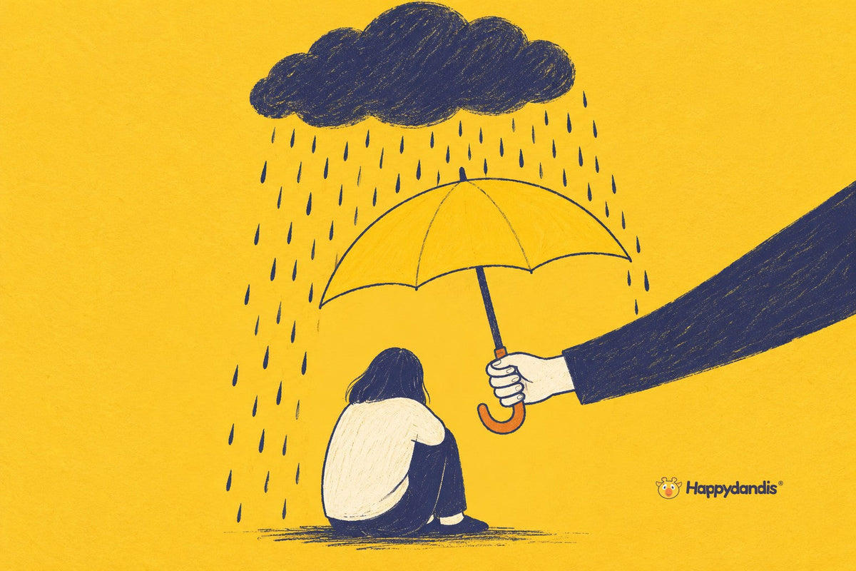 Illustration of a hand holding a yellow umbrella over a person sitting under a rain cloud