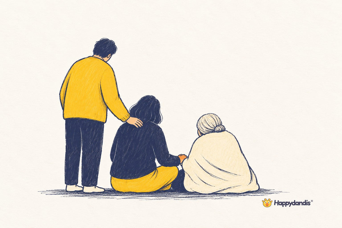 Illustration of a friend holding her parent's hand while someone rests a hand on her shoulder