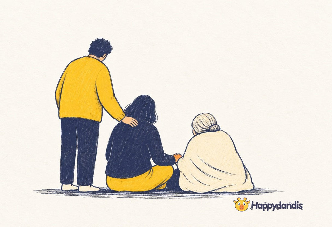 Illustration of a friend holding her parent's hand while someone rests a hand on her shoulder