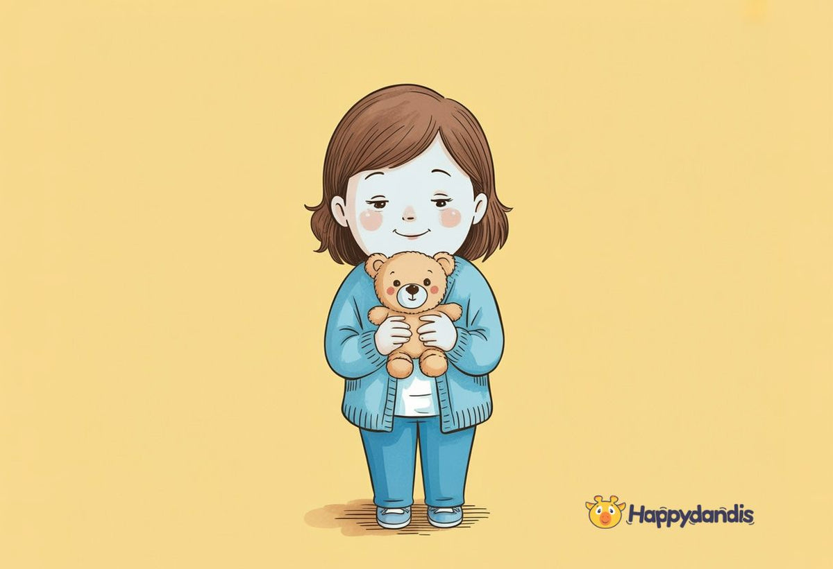 Illustration of a smiling adult woman holding a small teddy bear with both hands against a yellow background