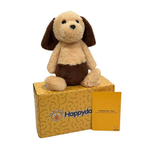 Barkley the Dog plush sitting on a Happydandis gift box with a handwritten keepsake card