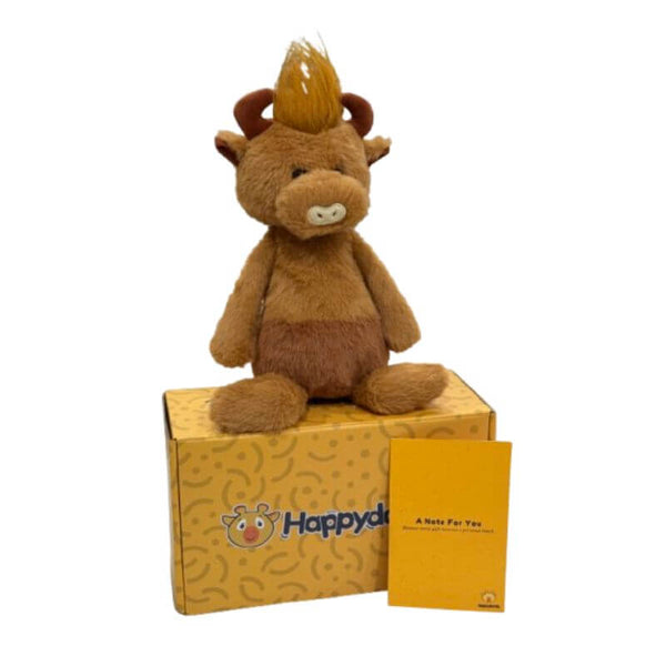 McHorn the Cow highland cow plush sitting on a Happydandis gift box with a handwritten keepsake card