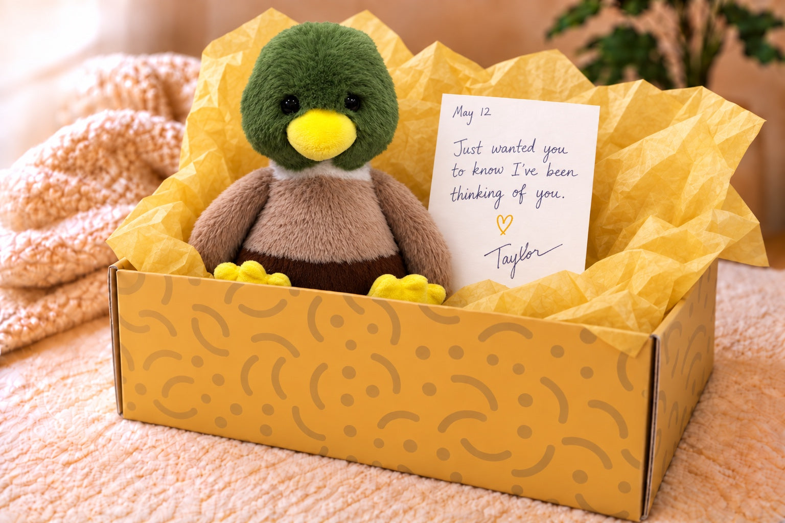 Plush duck in a Happydandis gift box with a handwritten note card